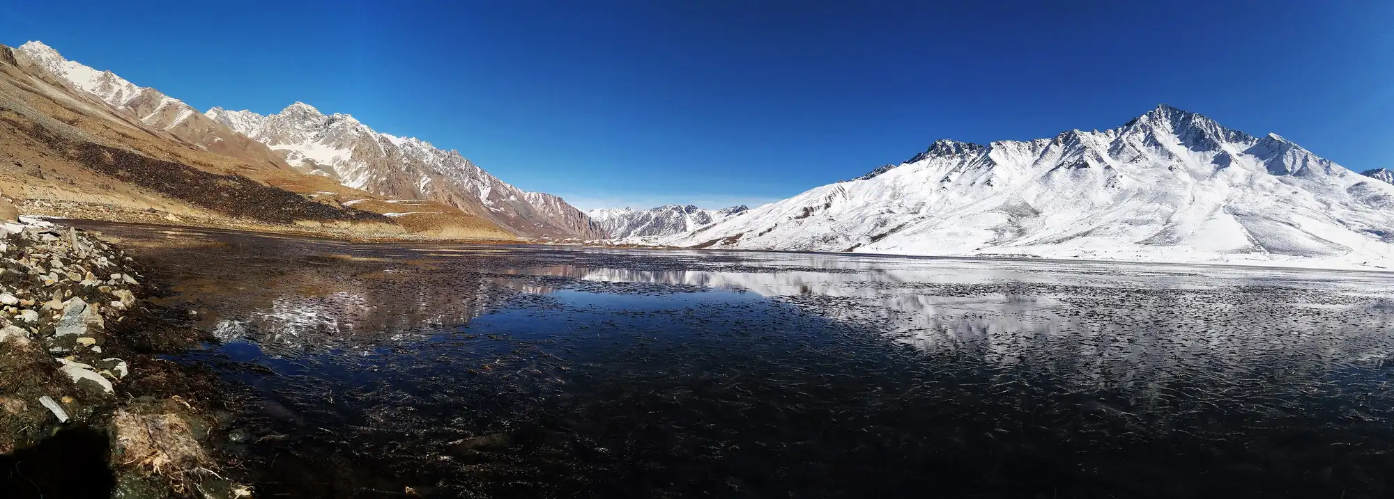 Panoramic Shandur Pass Panoramic view of Shandur Pass plateau, lakes and snow-covered mountains in Gilgit-Baltistan